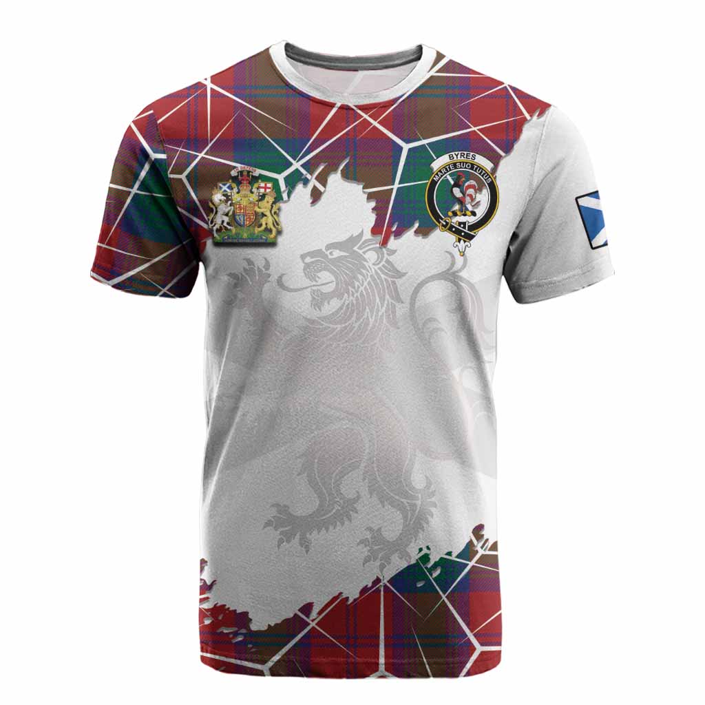 Byres (Byses) Tartan Cotton T-shirt with Family Crest and Lion Rampant Grunge Style