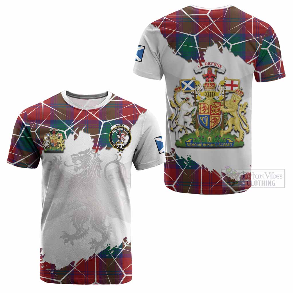 Byres (Byses) Tartan Cotton T-shirt with Family Crest and Lion Rampant Grunge Style