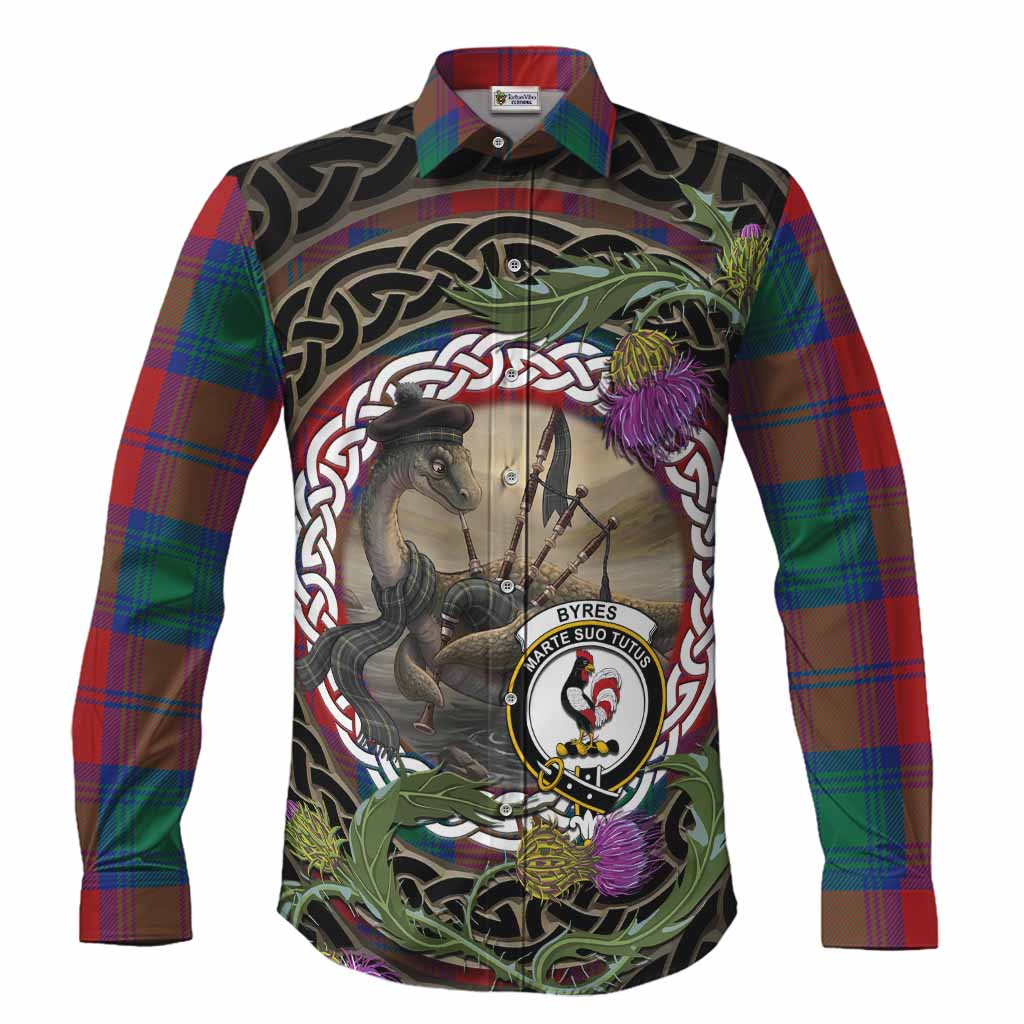 Byres (Byses) Tartan Crest Bagpipe Nessie Long Sleeve Button Shirts Scottish Loch Ness Monster Celtic Thistle