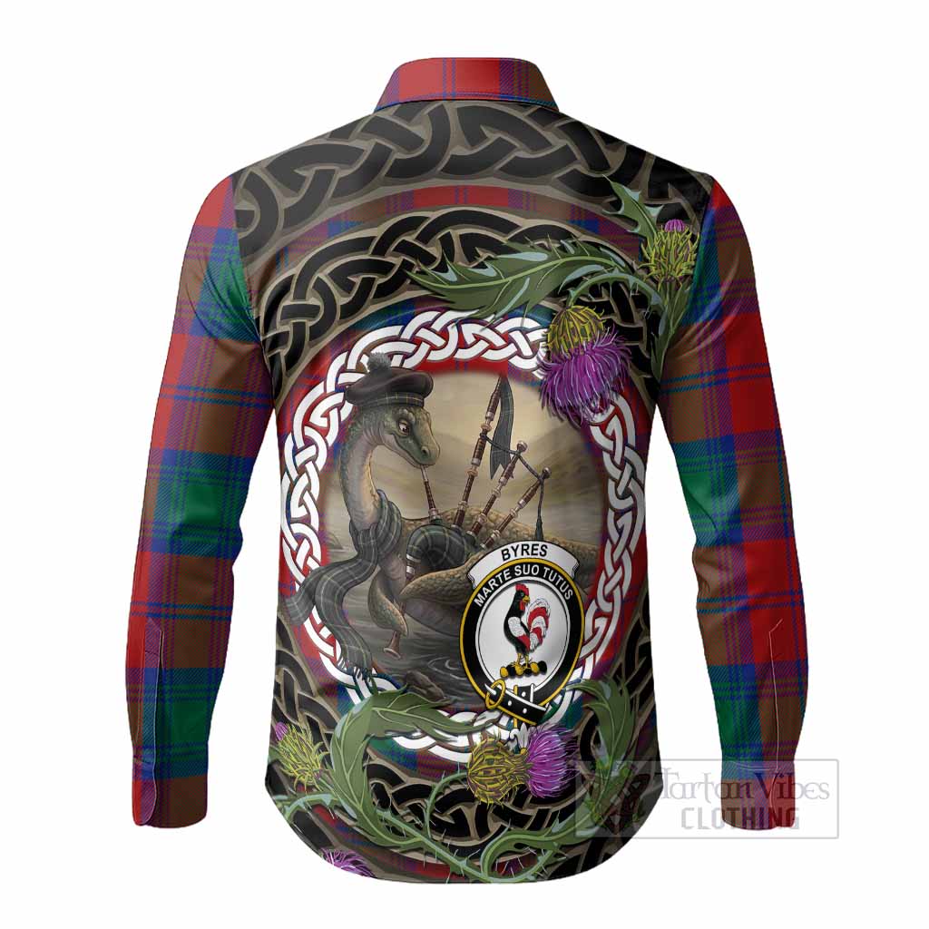 Byres (Byses) Tartan Crest Bagpipe Nessie Long Sleeve Button Shirts Scottish Loch Ness Monster Celtic Thistle