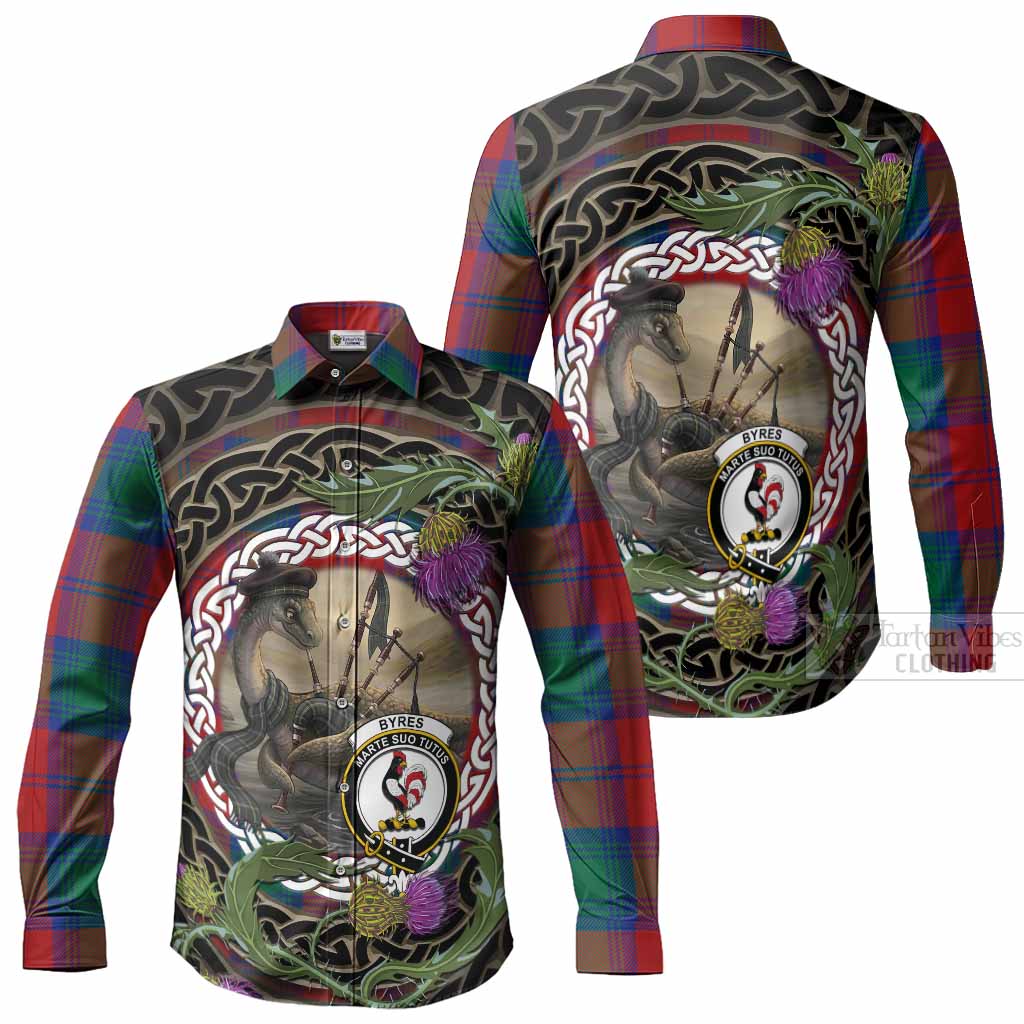 Byres (Byses) Tartan Crest Bagpipe Nessie Long Sleeve Button Shirts Scottish Loch Ness Monster Celtic Thistle