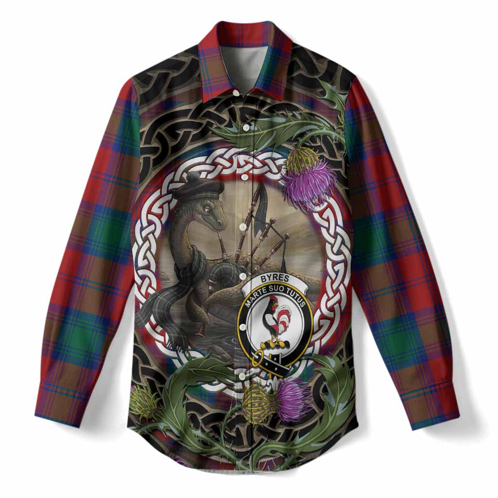 Byres (Byses) Tartan Crest Bagpipe Nessie Women Casual Shirt Scottish Loch Ness Monster Celtic Thistle