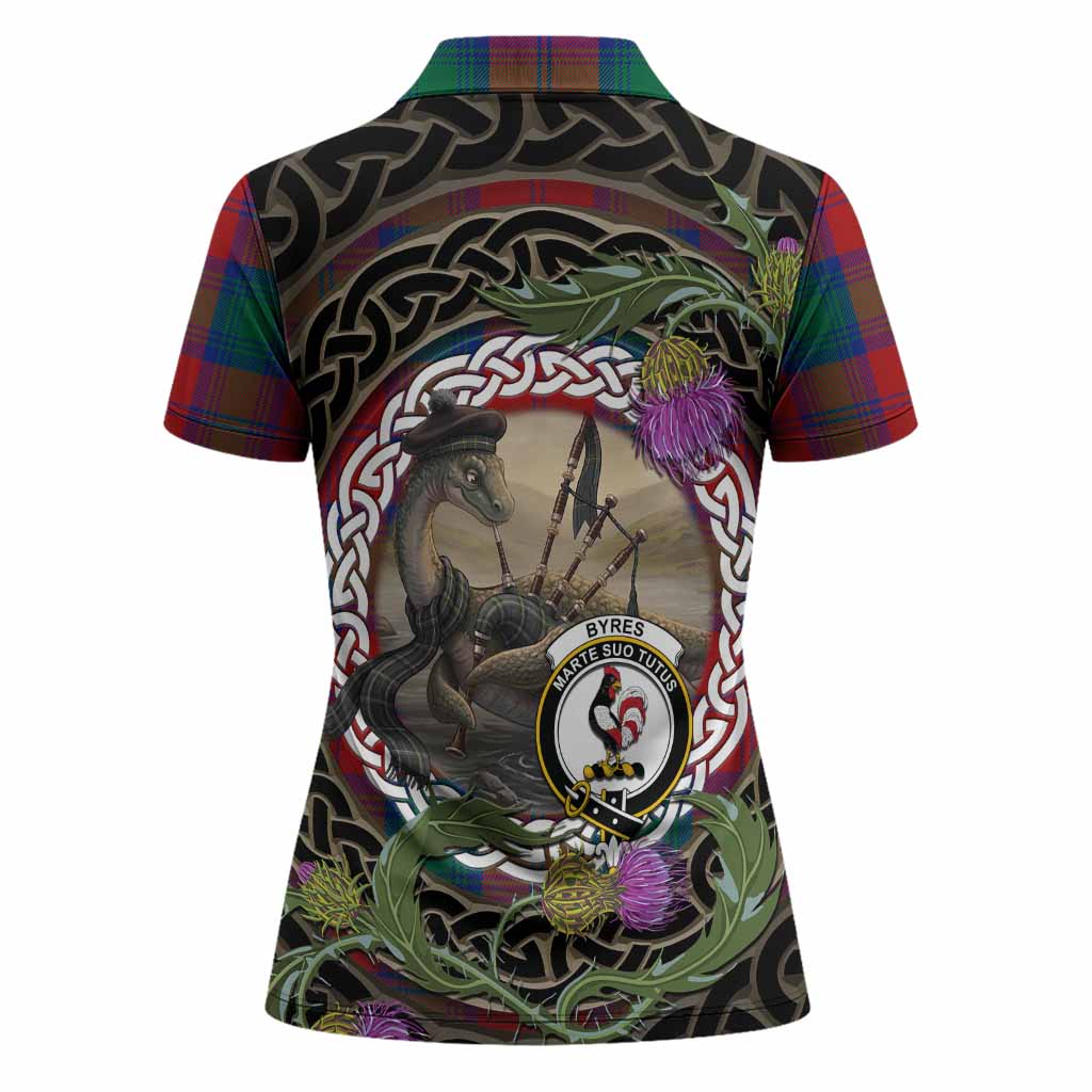 Byres (Byses) Tartan Crest Bagpipe Nessie Women Polo Shirt Scottish Loch Ness Monster Celtic Thistle