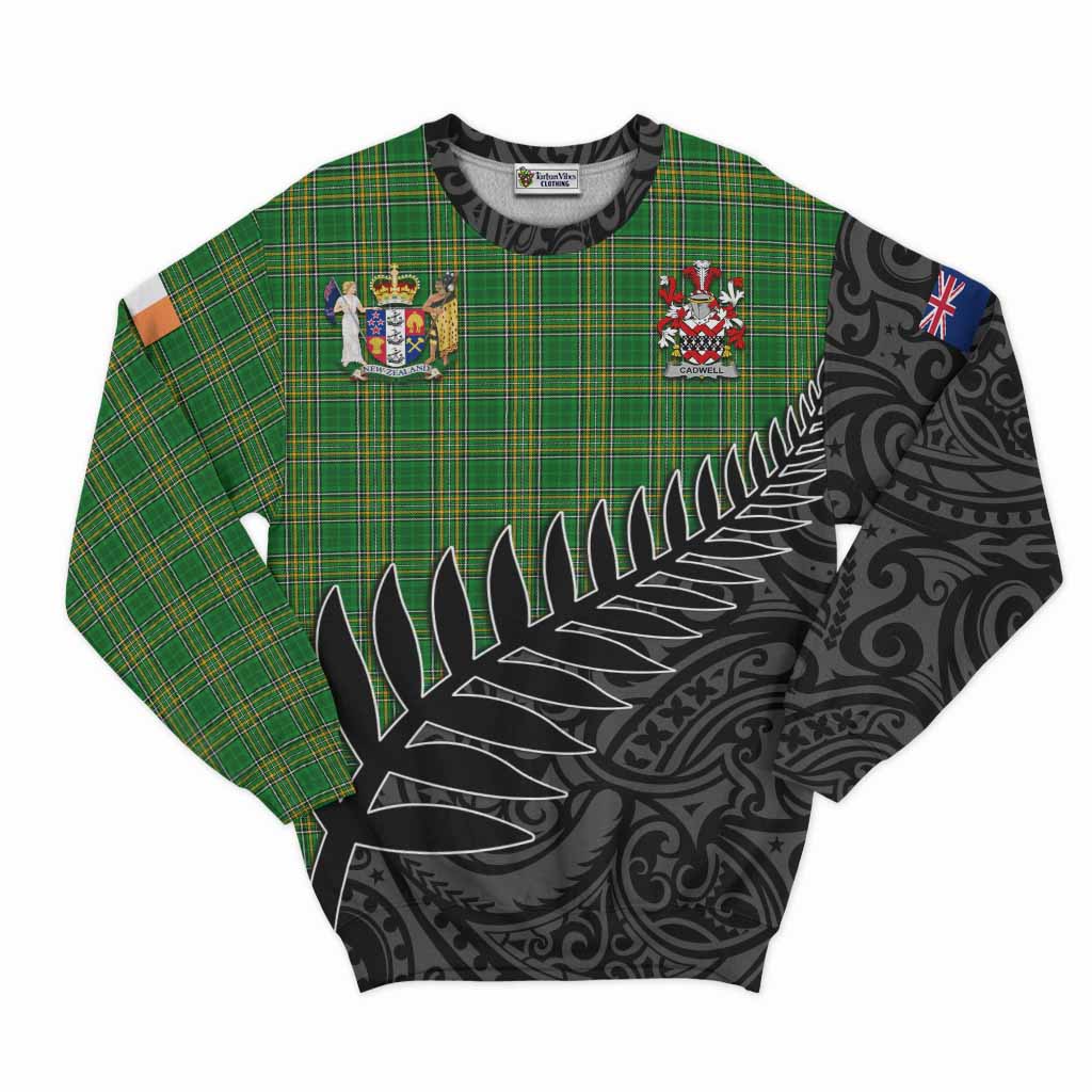 Tartan Vibes Clothing Cadwell Irish Clan Tartan Sweatshirt with Coat of Arms New Zealand Silver Fern Half Style