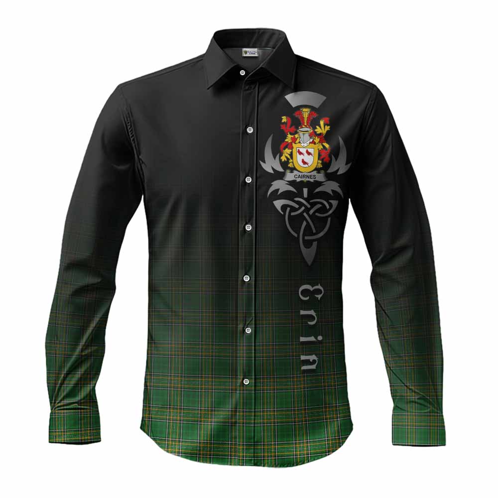 Tartan Vibes Clothing Cairnes Irish Clan Long Sleeve Button Shirt with Coat of Arms Erin Go Bragh Celtic Inspired
