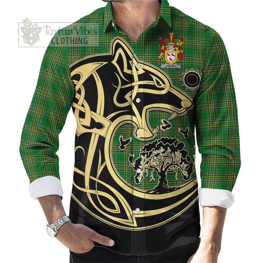 Cairnes Irish Tartan Long Sleeve Button Shirt with Coat of Arms Celtic Wolf Style - Tartan Vibes Clothing