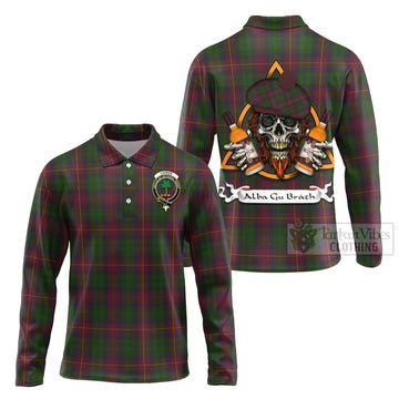 Cairns Tartan Long Sleeve Polo Shirt with Family Crest and Bearded Skull Holding Bottles of Whiskey Unisex - Tartan Vibes Clothing