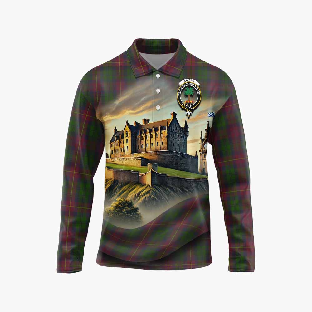 Cairns Tartan Family Crest Long Sleeve Polo Shirt with Scottish Ancient Castle Style Unisex - Tartan Vibes Clothing