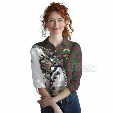 Cairns Tartan Women's Casual Shirt with Family Crest and St. Andrew's Cross Accented by Thistle Vines Female - Tartan Vibes Clothing