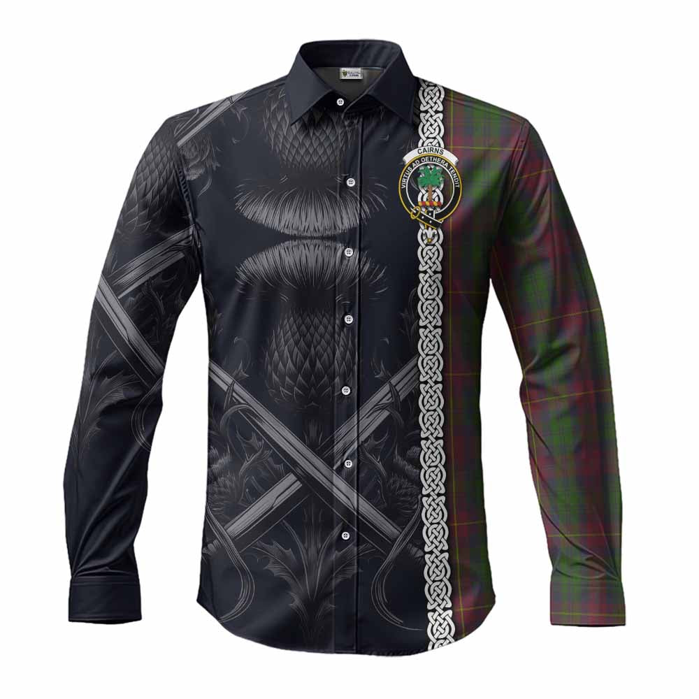 Tartan Vibes Clothing Cairns Tartan Long Sleeve Button Shirt with Family Crest Cross Sword Thistle Celtic Vibes