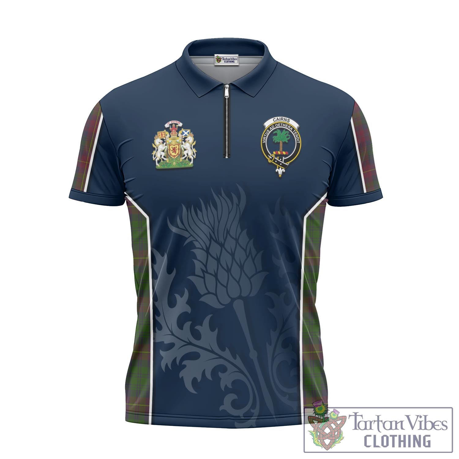 Tartan Vibes Clothing Cairns Tartan Zipper Polo Shirt with Family Crest and Scottish Thistle Vibes Sport Style