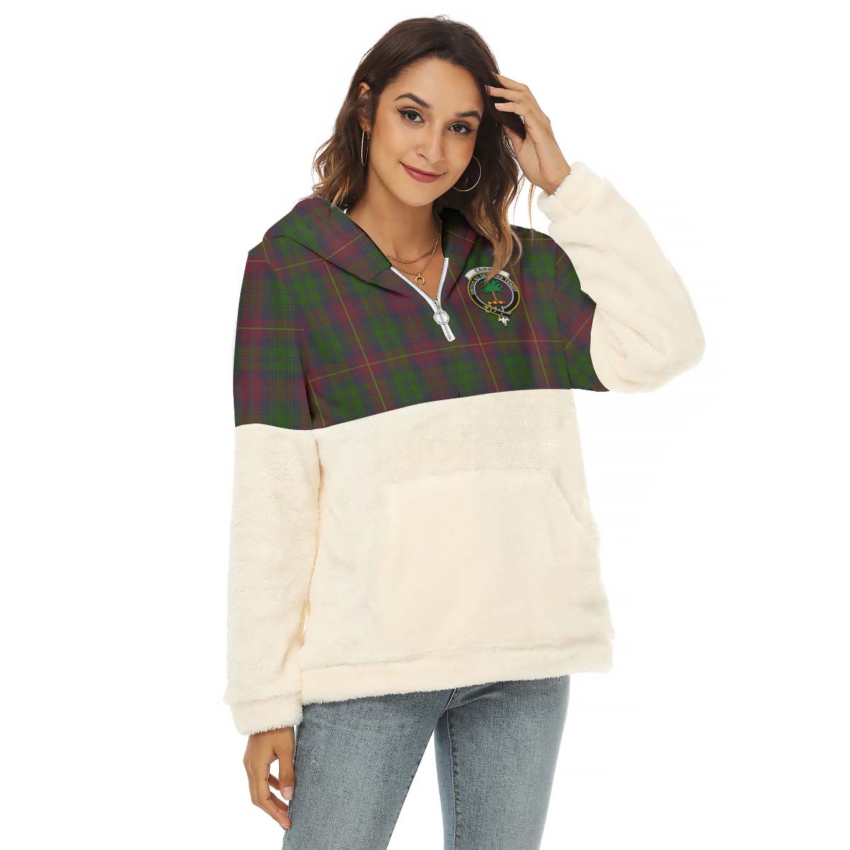 Cairns Tartan Half Style Women's Borg Fleece Hoodie with Half Zip with Family Crest Female - Tartan Vibes Clothing