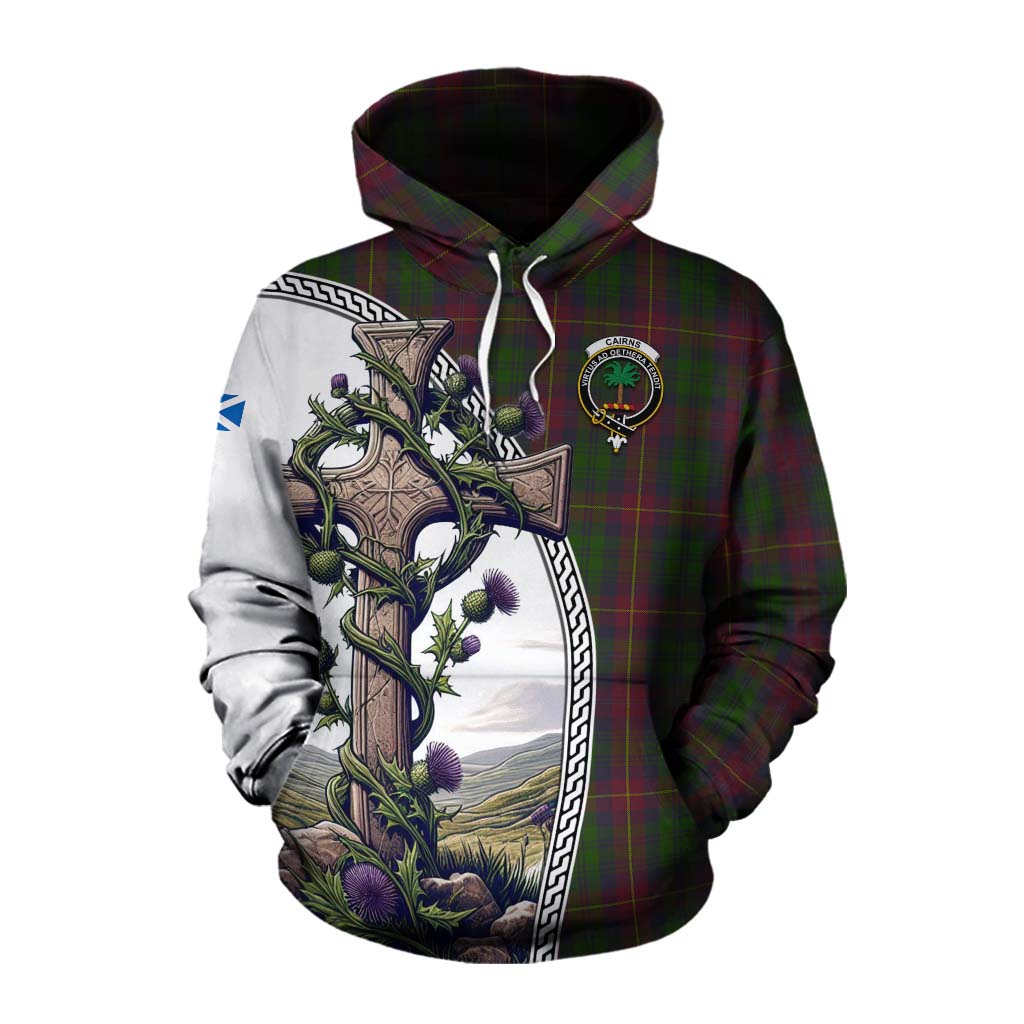 Tartan Vibes Clothing Cairns Tartan Cotton Hoodie with Family Crest and St. Andrew's Cross Accented by Thistle Vines