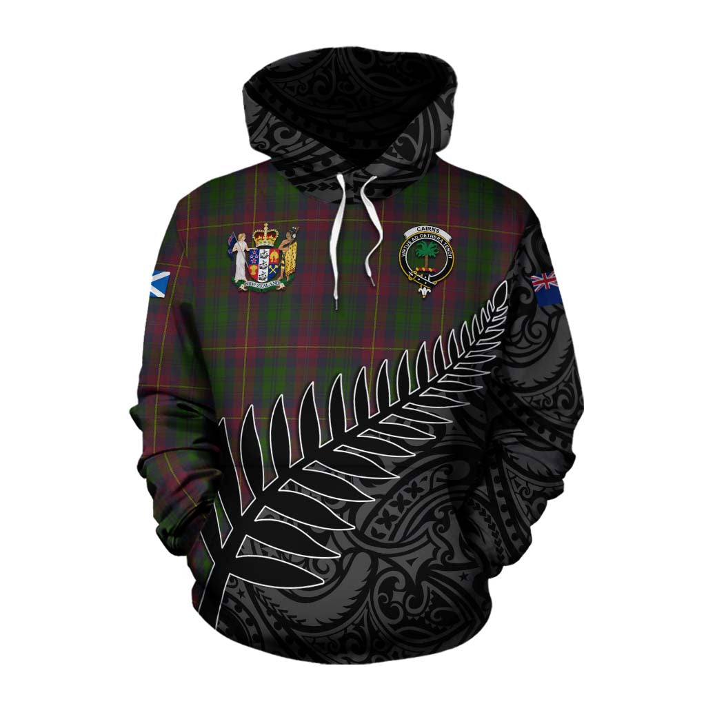 Tartan Vibes Clothing Cairns Crest Tartan Cotton Hoodie with New Zealand Silver Fern Half Style