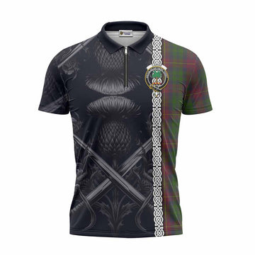 Cairns Tartan Zipper Polo Shirt with Family Crest Cross Sword Thistle Celtic Vibes