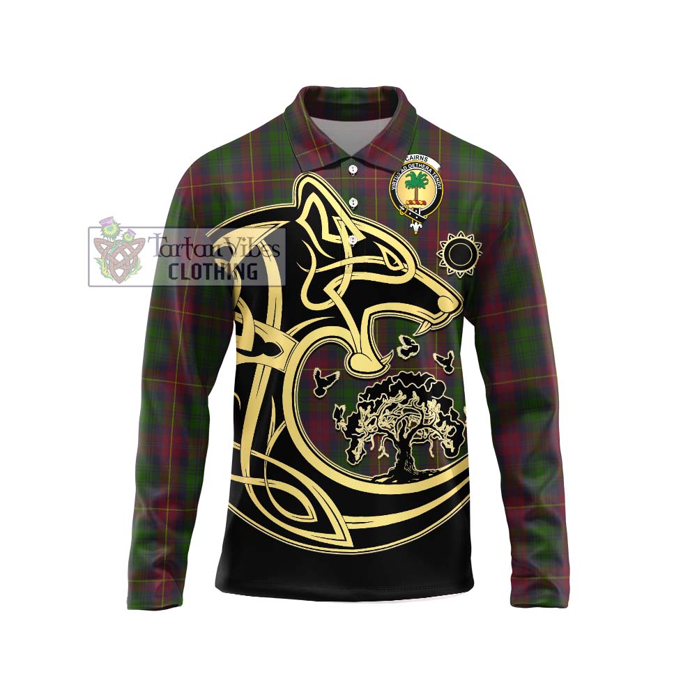 Cairns Tartan Long Sleeve Polo Shirt with Family Crest Celtic Wolf Style Unisex - Tartan Vibes Clothing