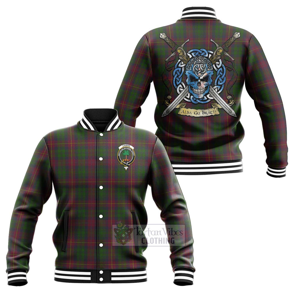 Tartan Vibes Clothing Cairns Tartan Baseball Jacket with Family Crest Celtic Skull Style