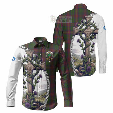Cairns Tartan Long Sleeve Button Shirt with Family Crest and St. Andrew's Cross Accented by Thistle Vines Men's Shirt S - Tartan Vibes Clothing