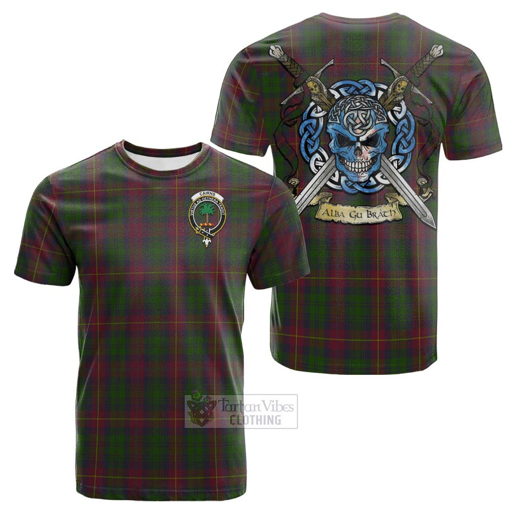 Tartan Vibes Clothing Cairns Tartan Cotton T-shirt with Family Crest Celtic Skull Style
