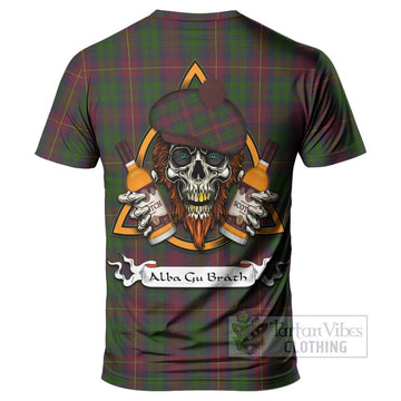 Cairns Tartan T-Shirt with Family Crest and Bearded Skull Holding Bottles of Whiskey - Tartan Vibes Clothing
