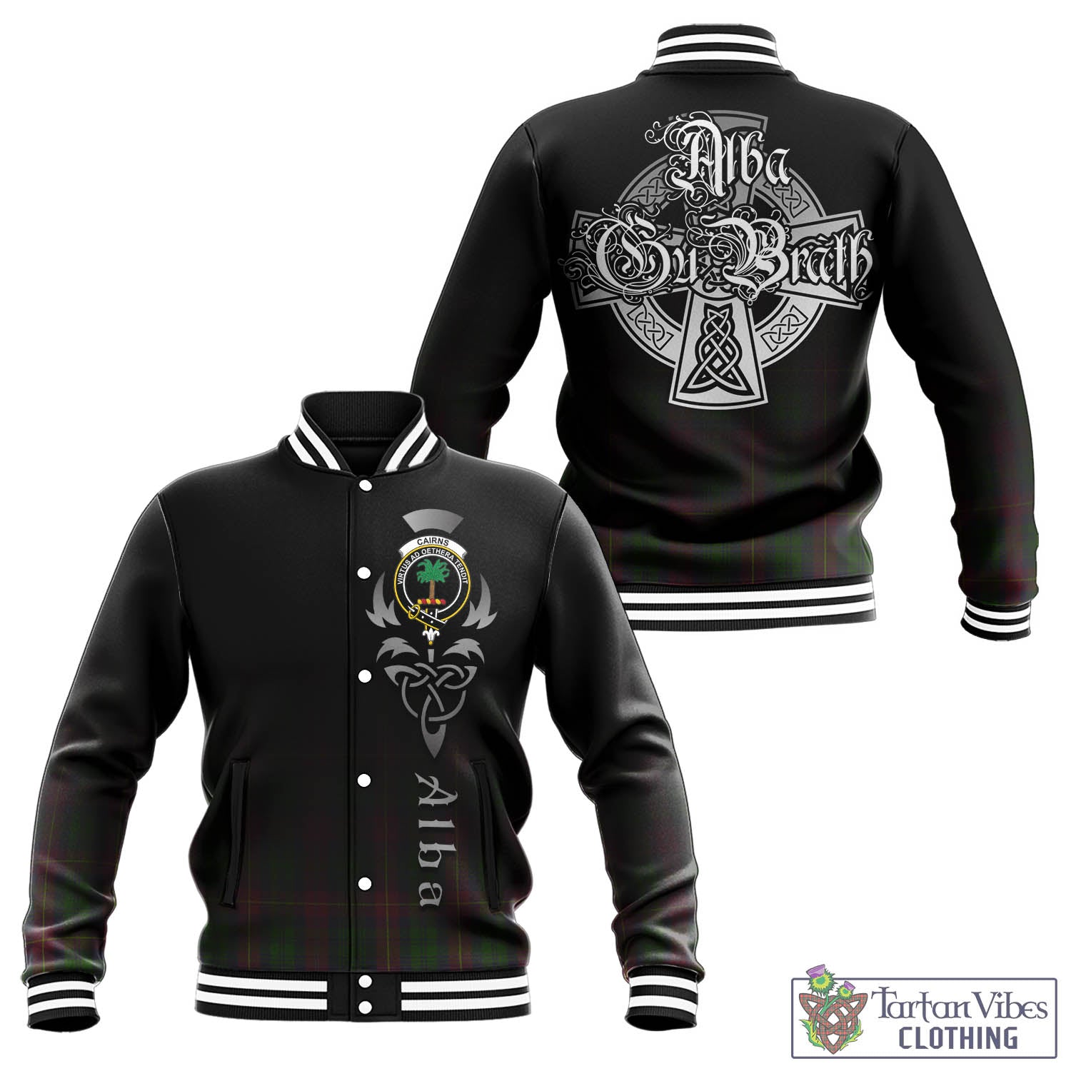 Tartan Vibes Clothing Cairns Tartan Baseball Jacket Featuring Alba Gu Brath Family Crest Celtic Inspired