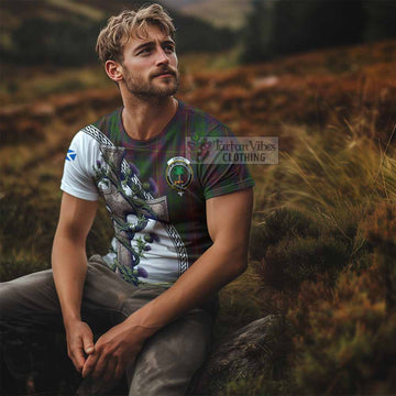Cairns Tartan T-Shirt with Family Crest and St. Andrew's Cross Accented by Thistle Vines - Tartan Vibes Clothing