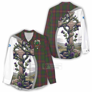 Cairns Tartan Women's Casual Shirt with Family Crest and St. Andrew's Cross Accented by Thistle Vines - Tartan Vibes Clothing