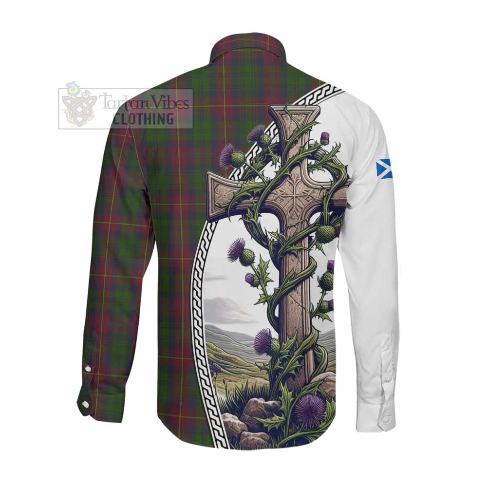 Cairns Tartan Long Sleeve Button Shirt with Family Crest and St. Andrew's Cross Accented by Thistle Vines Men's Shirt - Tartan Vibes Clothing
