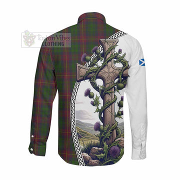 Cairns Tartan Long Sleeve Button Shirt with Family Crest and St. Andrew's Cross Accented by Thistle Vines Men's Shirt - Tartan Vibes Clothing
