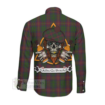 Cairns Tartan Long Sleeve Button Shirt with Family Crest and Bearded Skull Holding Bottles of Whiskey Men's Shirt - Tartan Vibes Clothing
