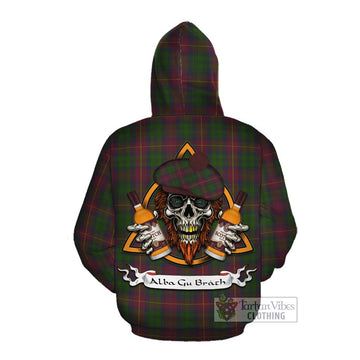 Tartan Vibes Clothing Cairns Tartan Cotton Hoodie with Family Crest and Bearded Skull Holding Bottles of Whiskey