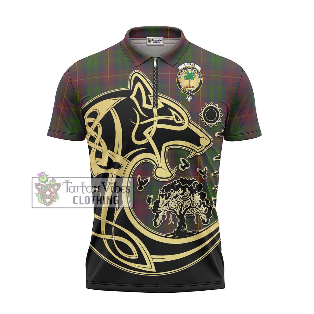 Cairns Tartan Zipper Polo Shirt with Family Crest Celtic Wolf Style - Tartanvibesclothing Shop
