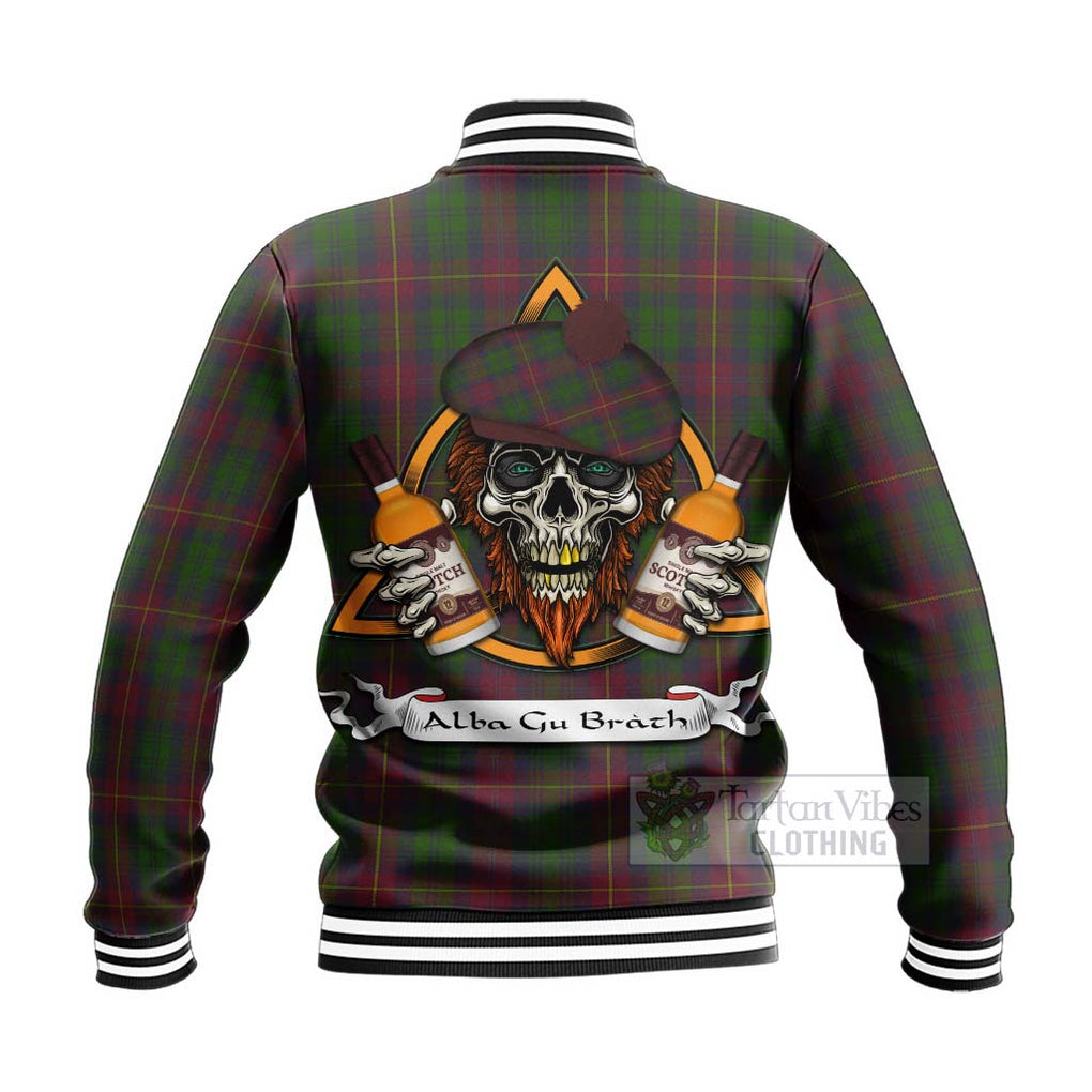 Tartan Vibes Clothing Cairns Tartan Baseball Jacket with Family Crest and Bearded Skull Holding Bottles of Whiskey