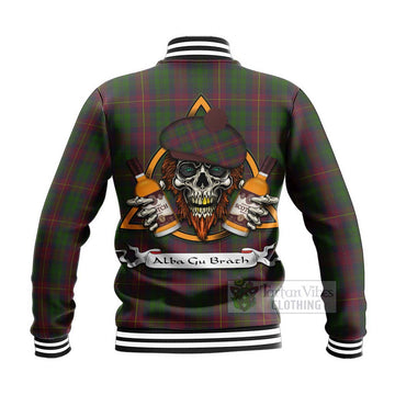 Tartan Vibes Clothing Cairns Tartan Baseball Jacket with Family Crest and Bearded Skull Holding Bottles of Whiskey