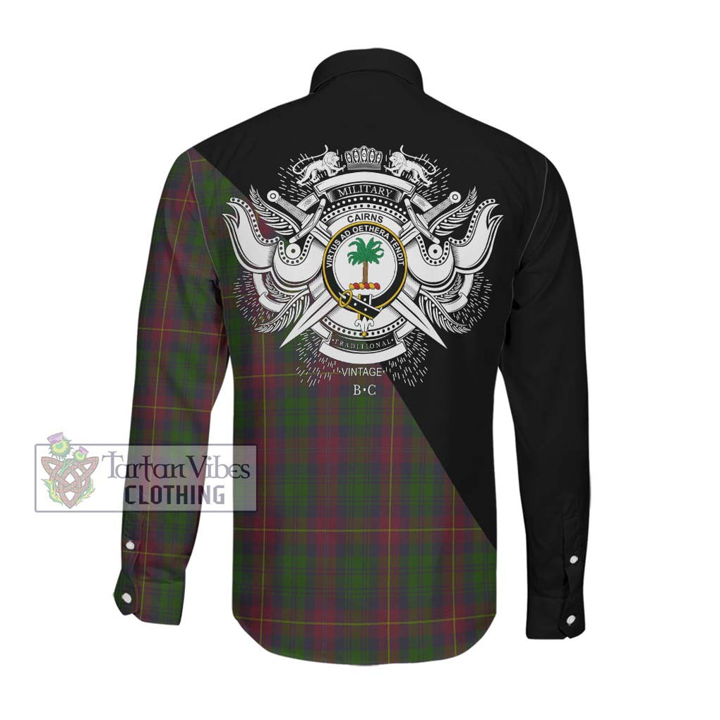 Cairns Tartan Long Sleeve Button Shirt with Family Crest and Military Logo Style Men's Shirt - Tartanvibesclothing Shop