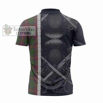 Cairns Tartan Zipper Polo Shirt with Family Crest Cross Sword Thistle Celtic Vibes