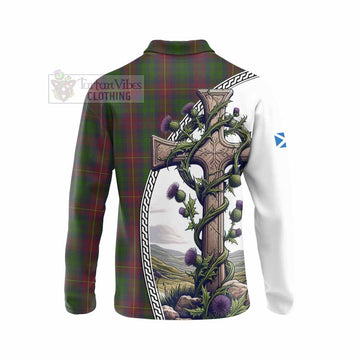 Cairns Tartan Long Sleeve Polo Shirt with Family Crest and St. Andrew's Cross Accented by Thistle Vines - Tartan Vibes Clothing