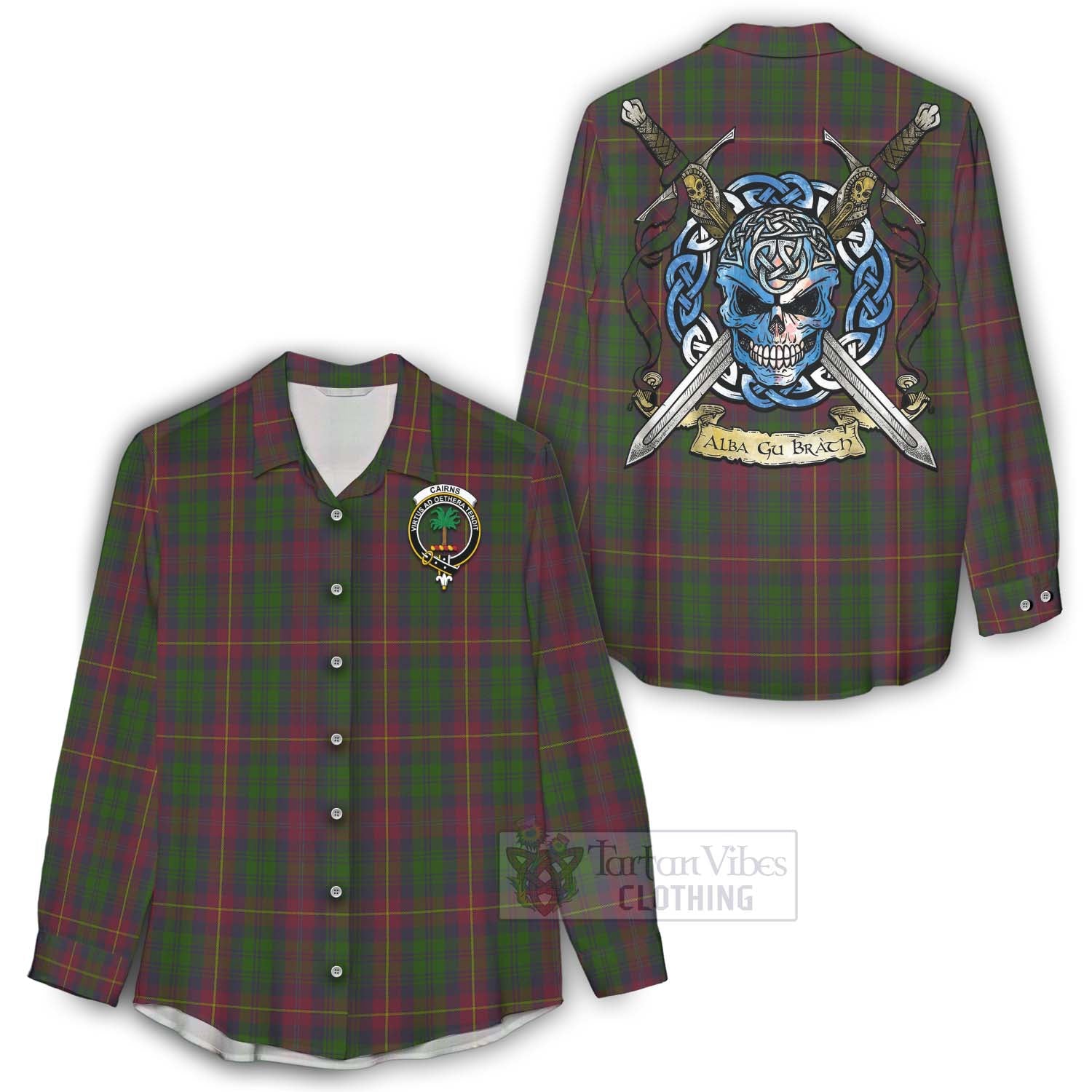 Cairns Tartan Women's Casual Shirt with Family Crest Celtic Skull Style - Tartan Vibes Clothing