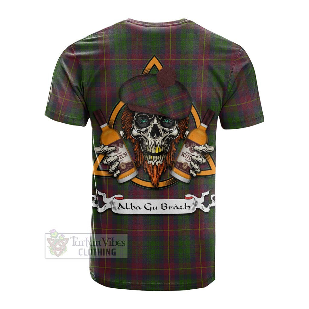 Tartan Vibes Clothing Cairns Tartan Cotton T-shirt with Family Crest and Bearded Skull Holding Bottles of Whiskey