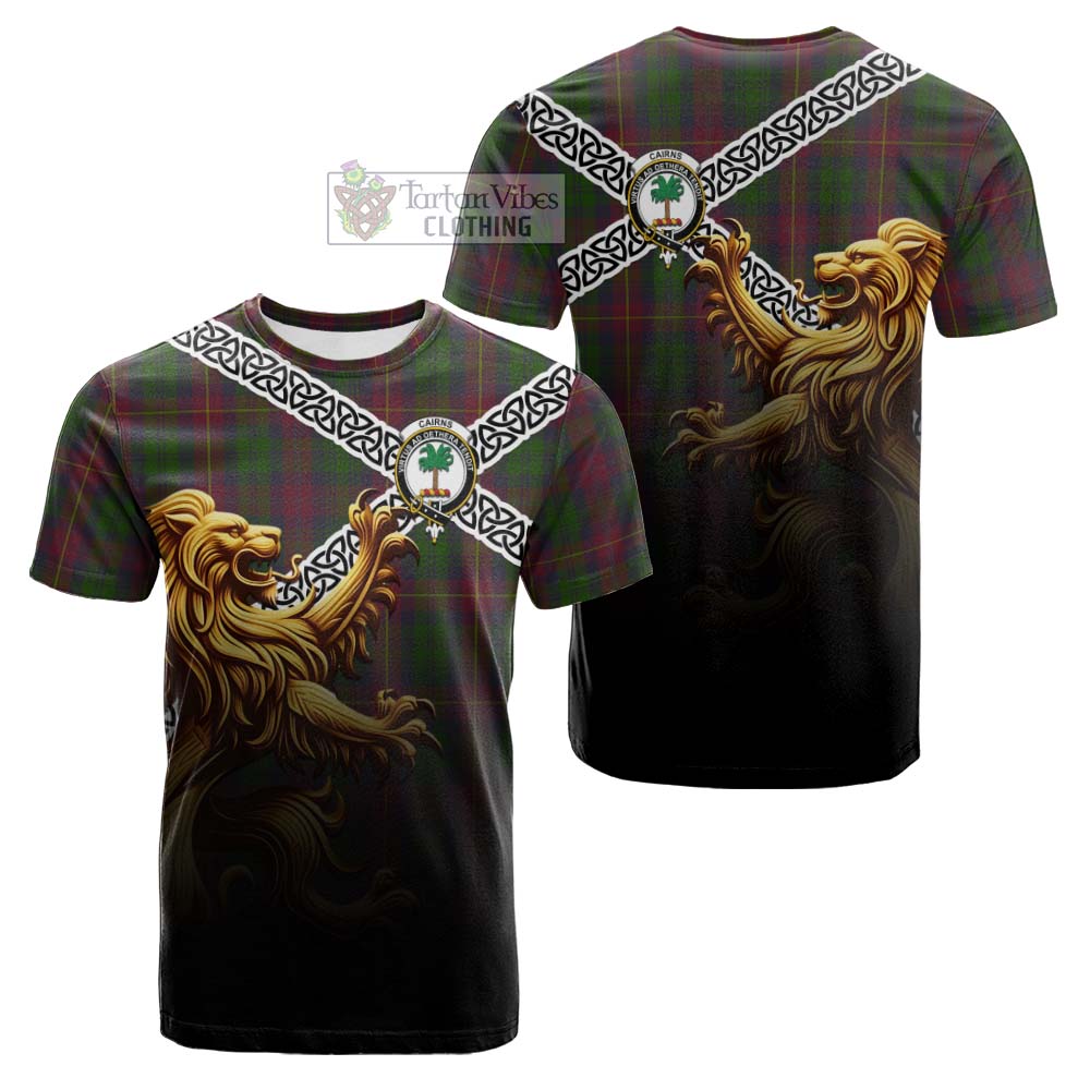 Tartan Vibes Clothing Cairns Crest Tartan Cotton T-shirt with Golden Lion Emblem Celtic Style
