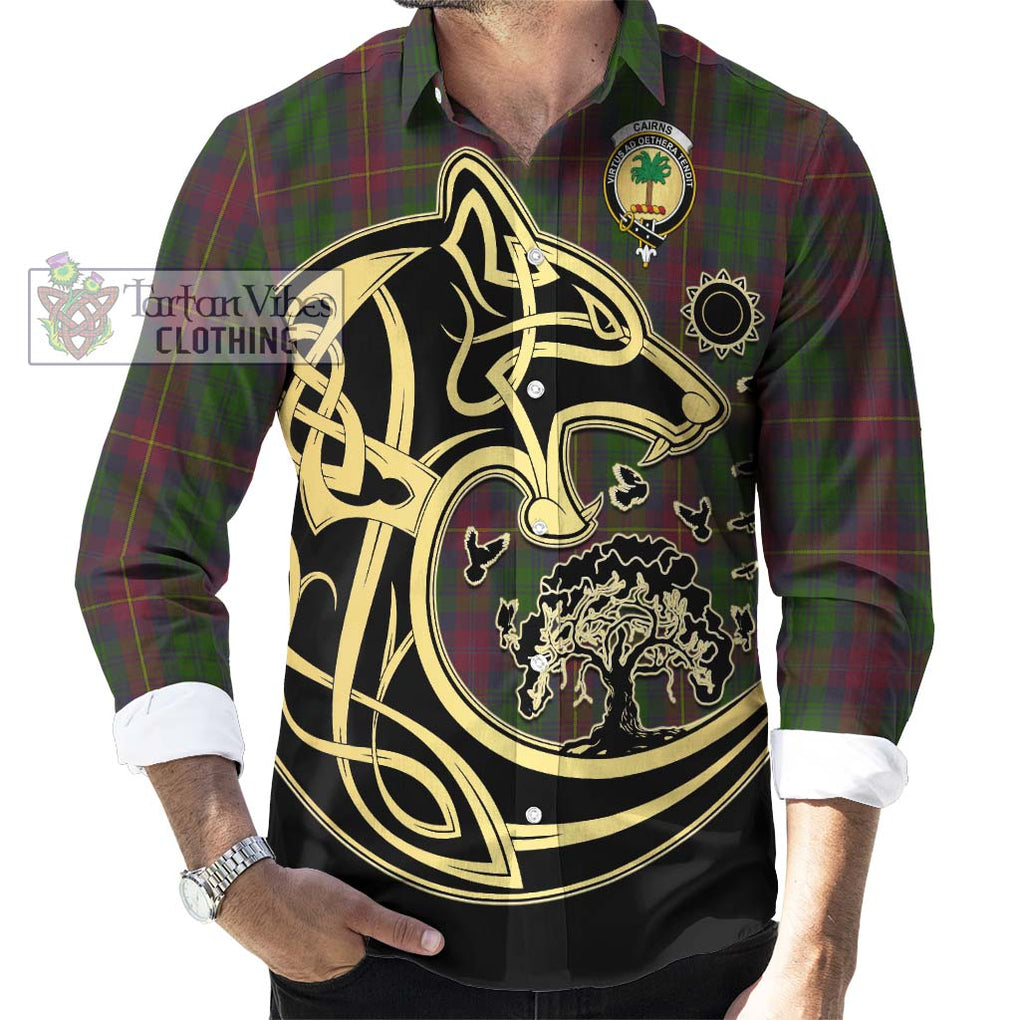 Cairns Tartan Long Sleeve Button Shirt with Family Crest Celtic Wolf Style - Tartan Vibes Clothing