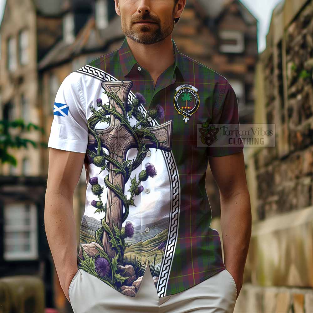 Cairns Tartan Hawaiian Shirt with Family Crest and St. Andrew's Cross Accented by Thistle Vines - Tartan Vibes Clothing