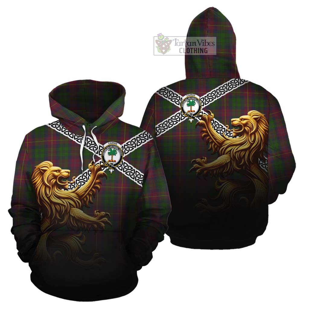 Tartan Vibes Clothing Cairns Crest Tartan Cotton Hoodie with Golden Lion Emblem Celtic Style