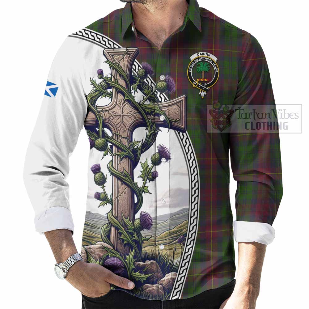 Cairns Tartan Long Sleeve Button Shirt with Family Crest and St. Andrew's Cross Accented by Thistle Vines - Tartan Vibes Clothing