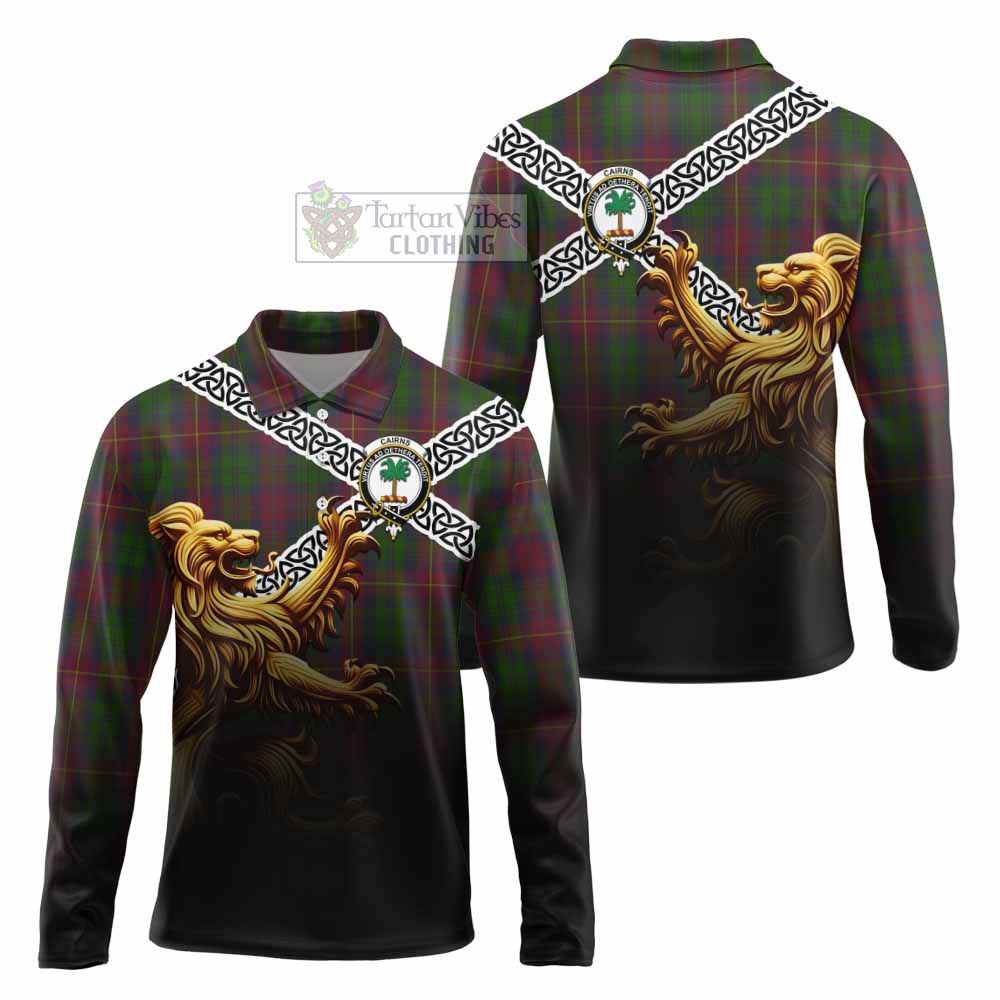 Cairns Crest Tartan Long Sleeve Polo Shirt with Golden Lion Emblem Celtic Style - Tartan Vibes Clothing