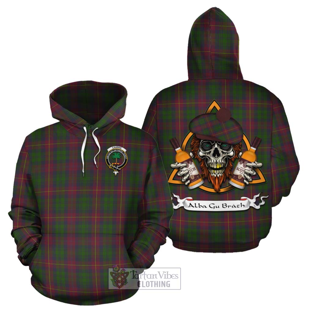 Tartan Vibes Clothing Cairns Tartan Cotton Hoodie with Family Crest and Bearded Skull Holding Bottles of Whiskey