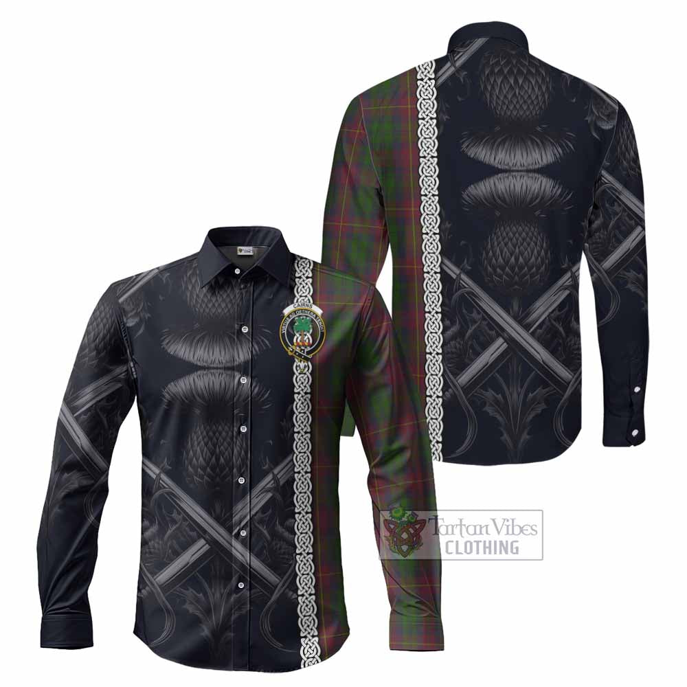 Tartan Vibes Clothing Cairns Tartan Long Sleeve Button Shirt with Family Crest Cross Sword Thistle Celtic Vibes