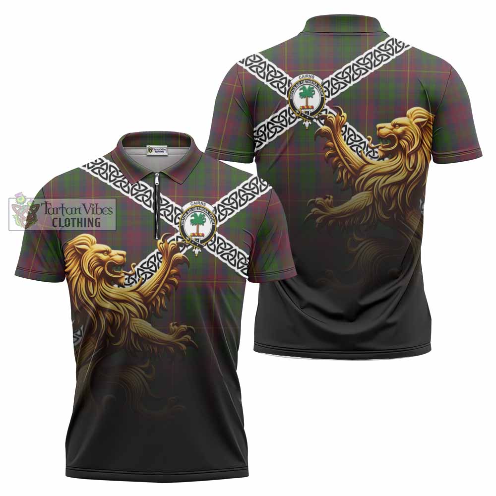 Cairns Crest Tartan Zipper Polo Shirt with Golden Lion Emblem Celtic Style - Tartan Vibes Clothing