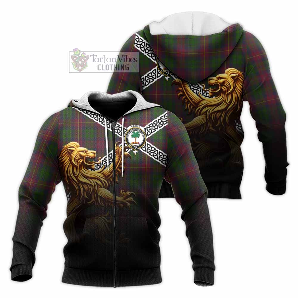 Tartan Vibes Clothing Cairns Crest Tartan Knitted Hoodie with Golden Lion Emblem Celtic Style