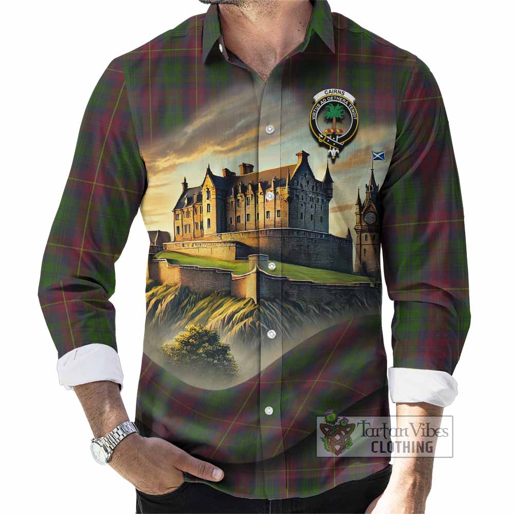 Tartan Vibes Clothing Cairns Tartan Family Crest Long Sleeve Button Shirt with Scottish Ancient Castle Style